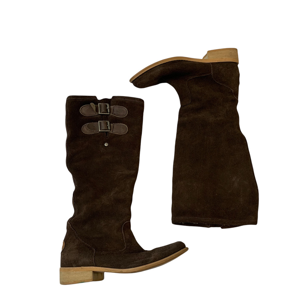 Emu Womens Tall Boots Size 6 Toowoobah Dark Brown Heeled Sheepskin Lining Suede